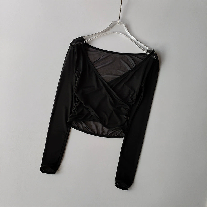 V-Neck Long-Sleeve Mesh Top