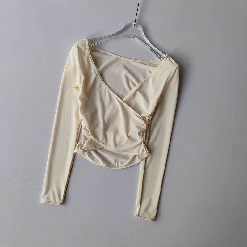 V-Neck Long-Sleeve Mesh Top
