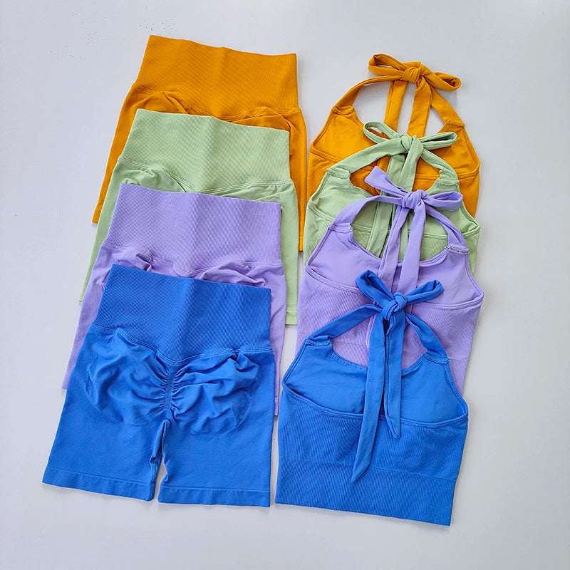 Peach Hip Lifting Short with Neck Hanging Sports Bra