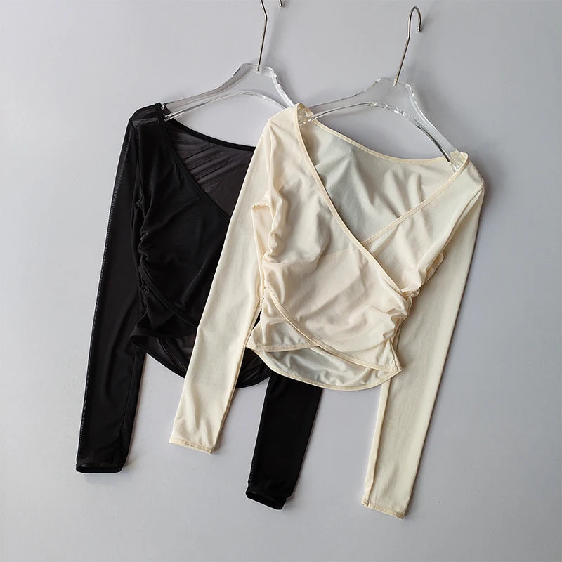 V-Neck Long-Sleeve Mesh Top