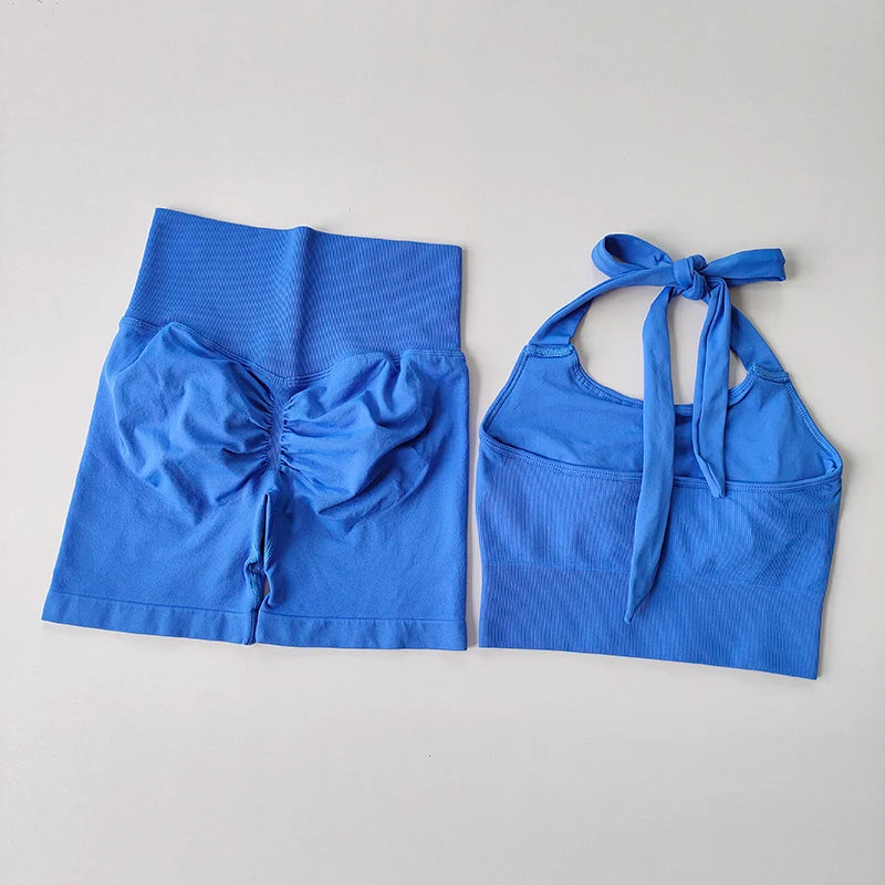 Peach Hip Lifting Short with Neck Hanging Sports Bra