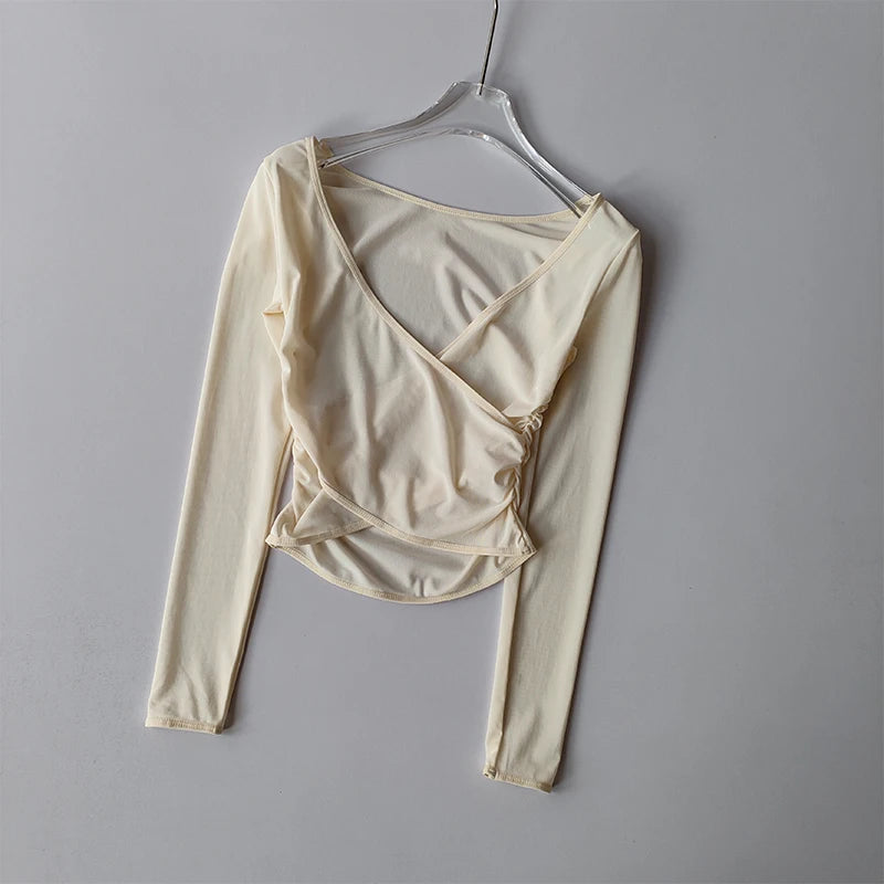 V-Neck Long-Sleeve Mesh Top