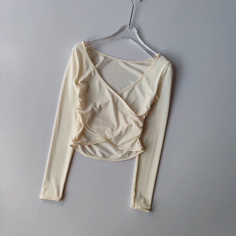 V-Neck Long-Sleeve Mesh Top