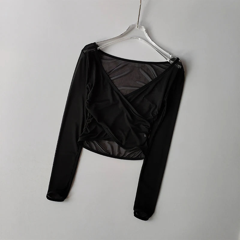 V-Neck Long-Sleeve Mesh Top