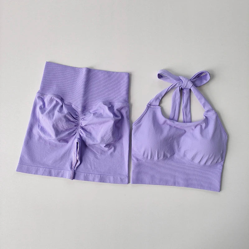 Peach Hip Lifting Short with Neck Hanging Sports Bra