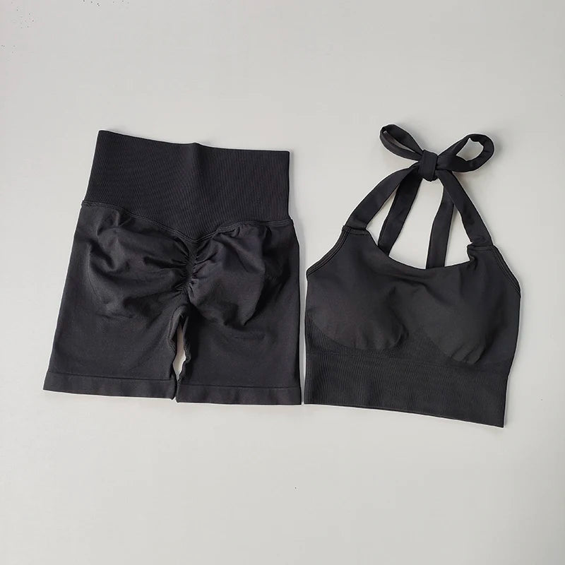 Peach Hip Lifting Short with Neck Hanging Sports Bra