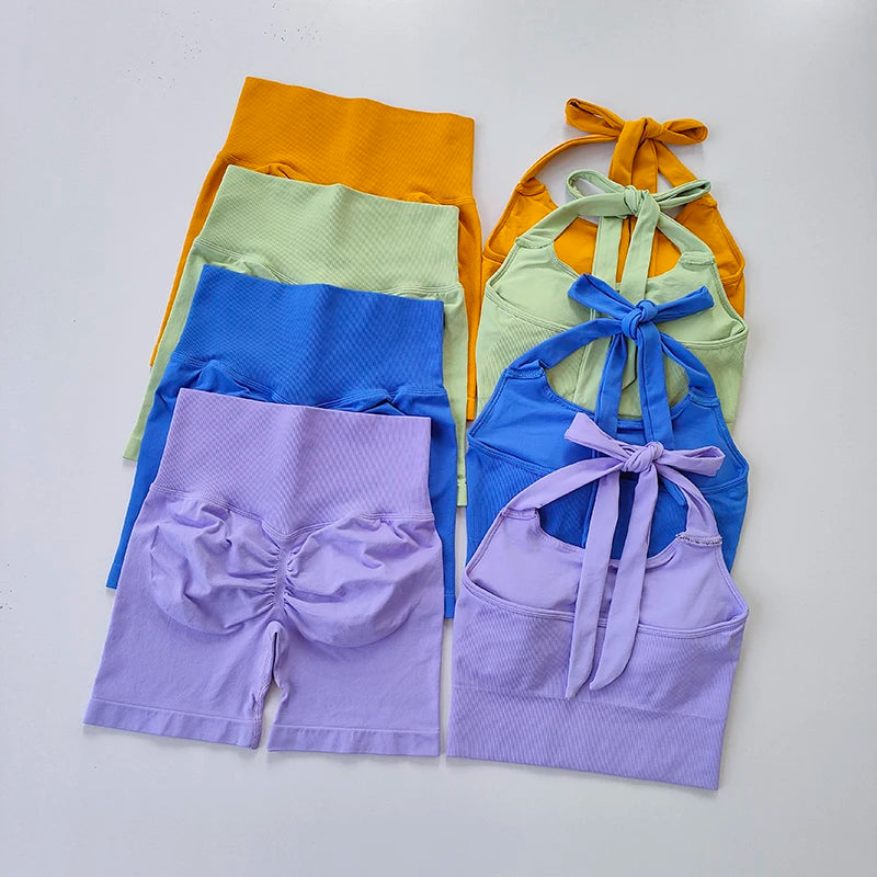 Peach Hip Lifting Short with Neck Hanging Sports Bra