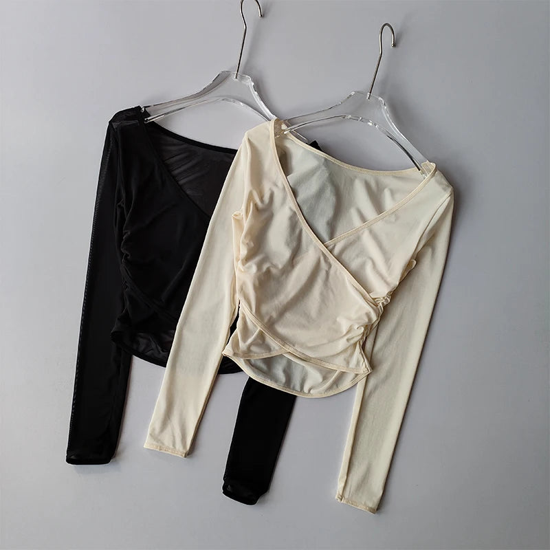 V-Neck Long-Sleeve Mesh Top