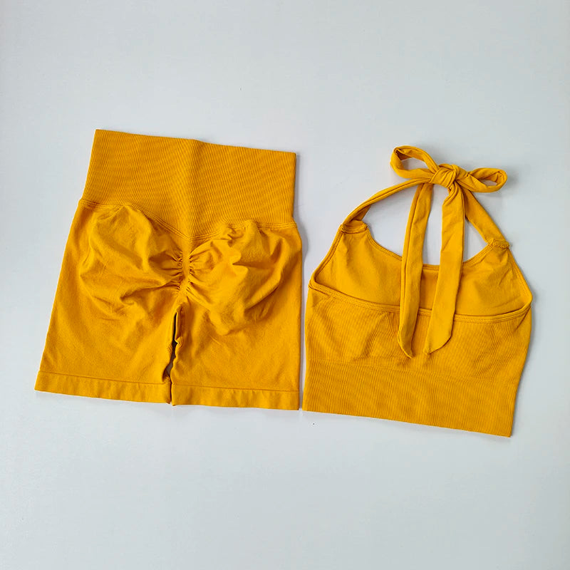 Peach Hip Lifting Short with Neck Hanging Sports Bra