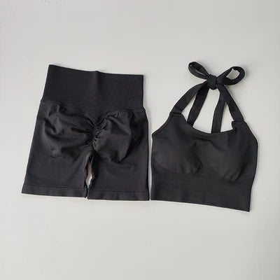 Peach Hip Lifting Short with Neck Hanging Sports Bra