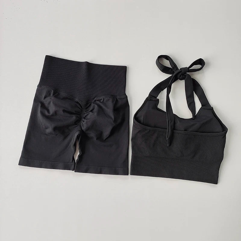 Peach Hip Lifting Short with Neck Hanging Sports Bra