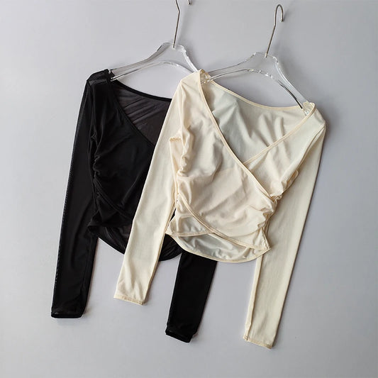 V-Neck Long-Sleeve Mesh Top