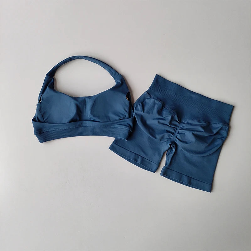 Halter Neck Sports Bra & High-Waist Peach Shorts Set