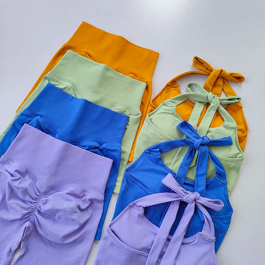 Peach Hip Lifting Short with Neck Hanging Sports Bra