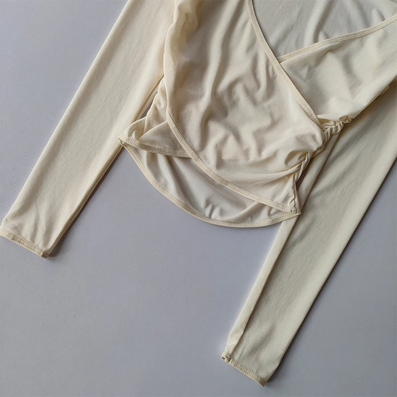 V-Neck Long-Sleeve Mesh Top