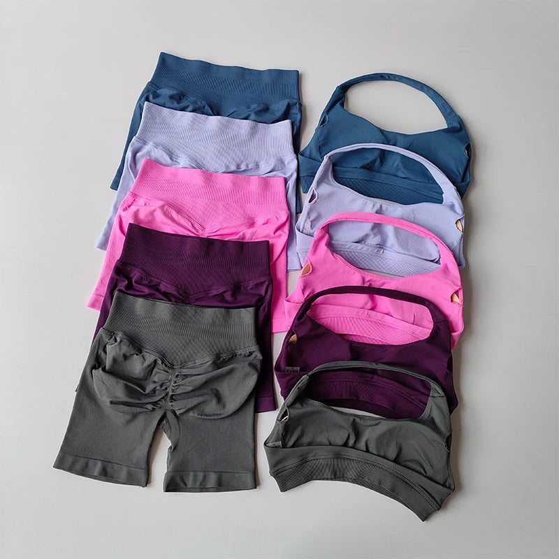 Halter Neck Sports Bra & High-Waist Peach Shorts Set