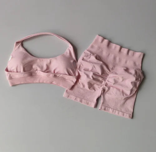 Halter Neck Sports Bra & High-Waist Peach Shorts Set
