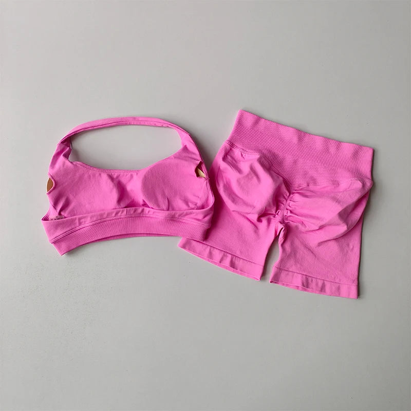Halter Neck Sports Bra & High-Waist Peach Shorts Set