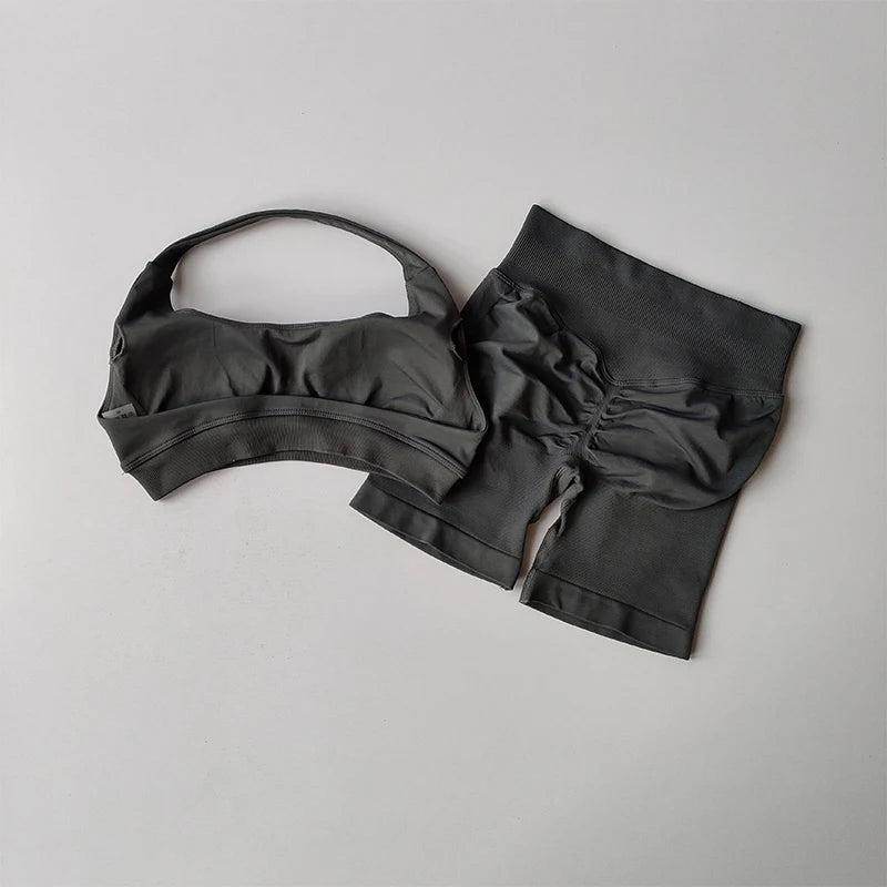 Halter Neck Sports Bra & High-Waist Peach Shorts Set