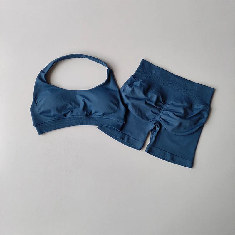 Halter Neck Sports Bra & High-Waist Peach Shorts Set