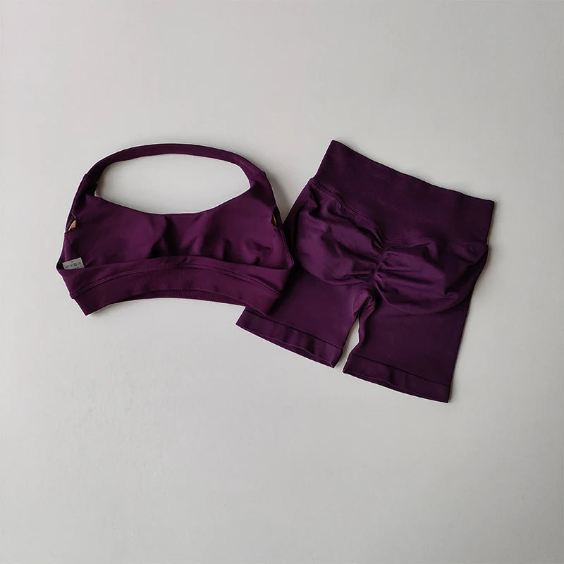 Halter Neck Sports Bra & High-Waist Peach Shorts Set