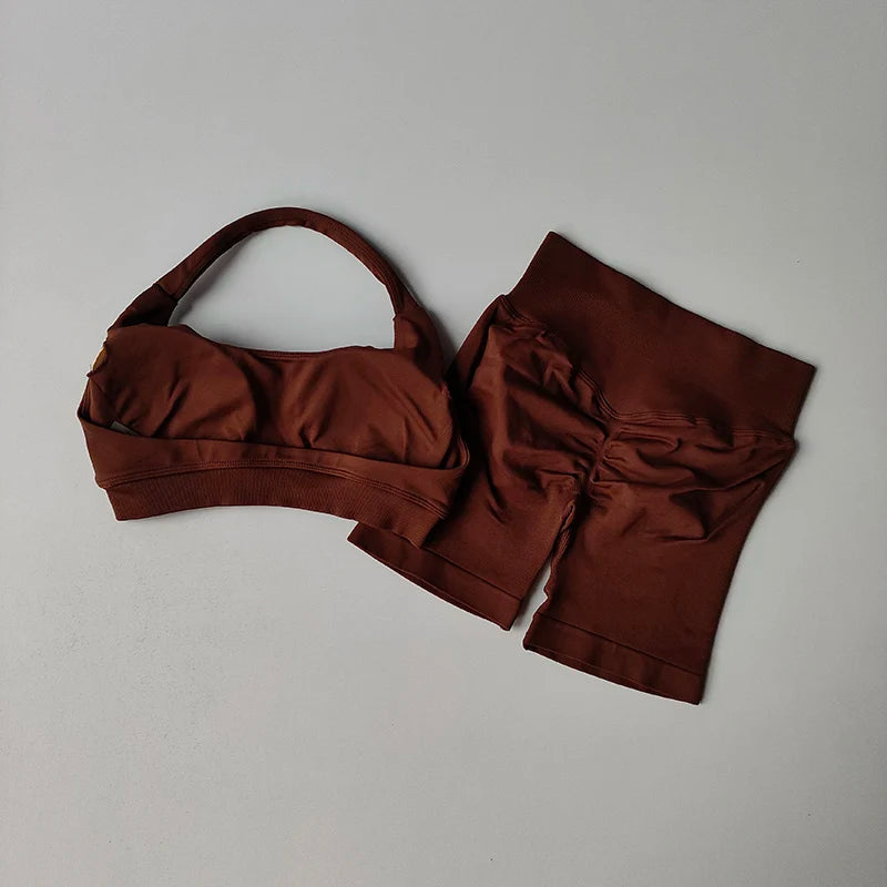 Halter Neck Sports Bra & High-Waist Peach Shorts Set