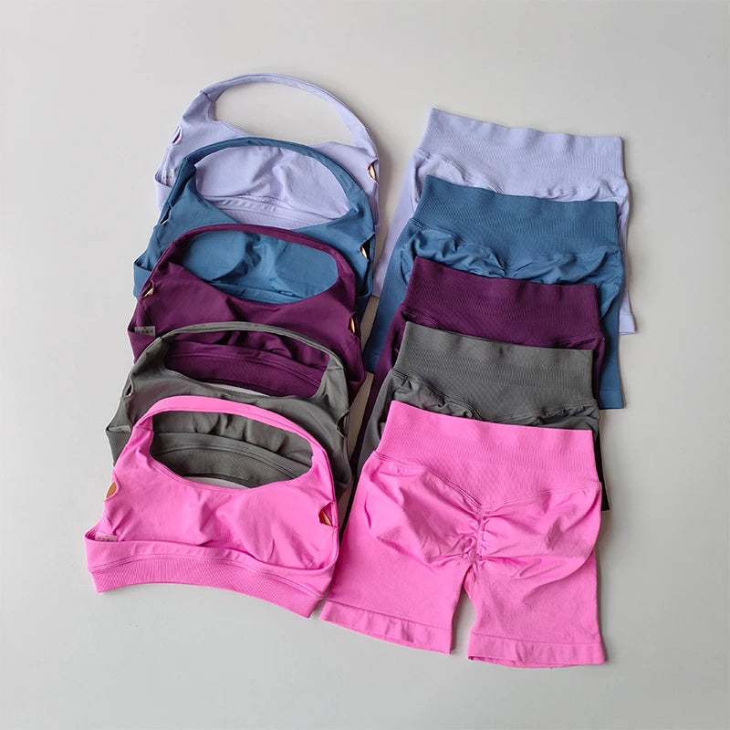 Halter Neck Sports Bra & High-Waist Peach Shorts Set