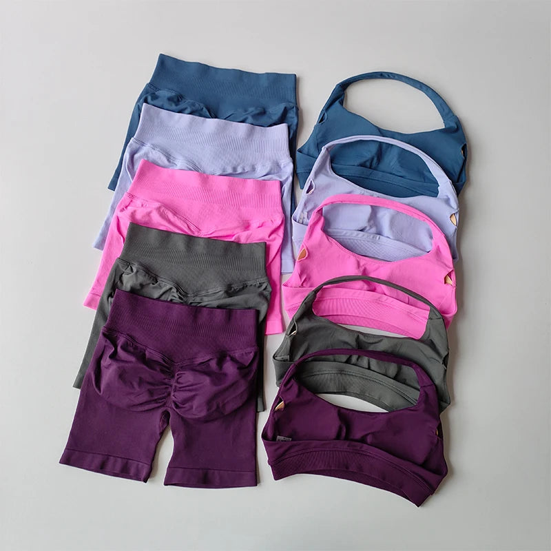 Halter Neck Sports Bra & High-Waist Peach Shorts Set