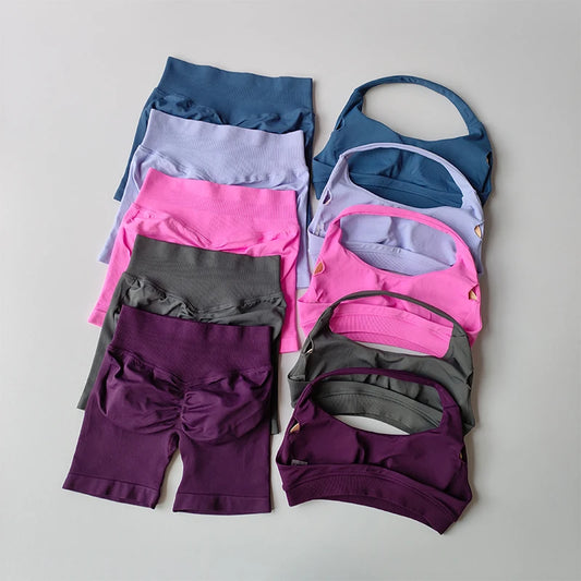 Halter Neck Sports Bra & High-Waist Peach Shorts Set